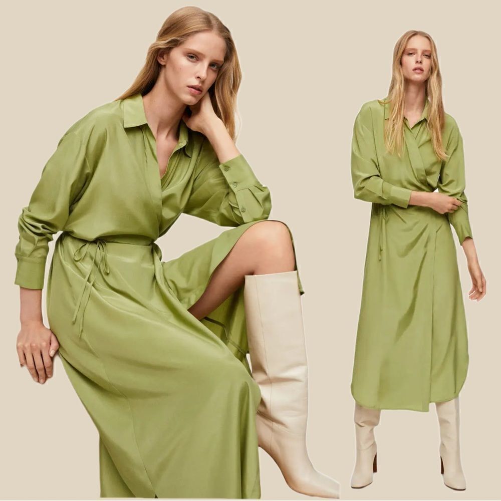 Mango Green Wrap Satin Dress New